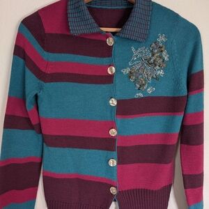Unicorn Striped Sweater w/ Embroidered Beaded Leaves & Unicorn Women's Size XS